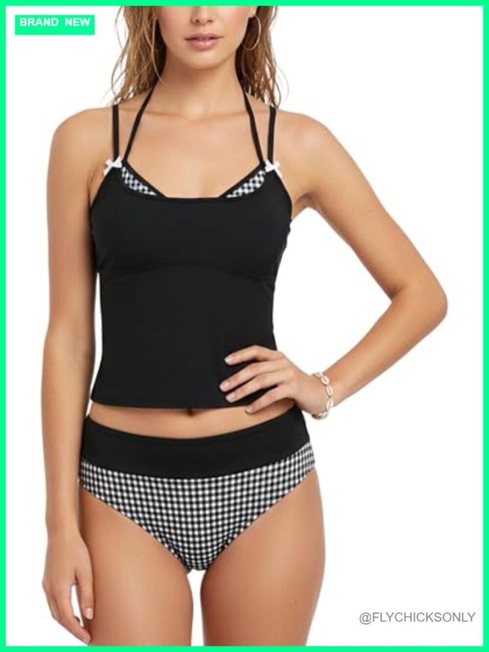 Smocked Lace Patchwork Bow Tie Side String Tankini Set Two Piece Swimsuit